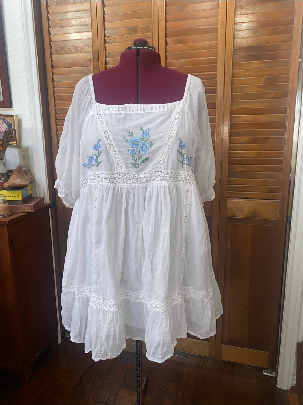 White Embroidered ASOS Cotton BOHO Babydoll Dress with Blue Floral Detail